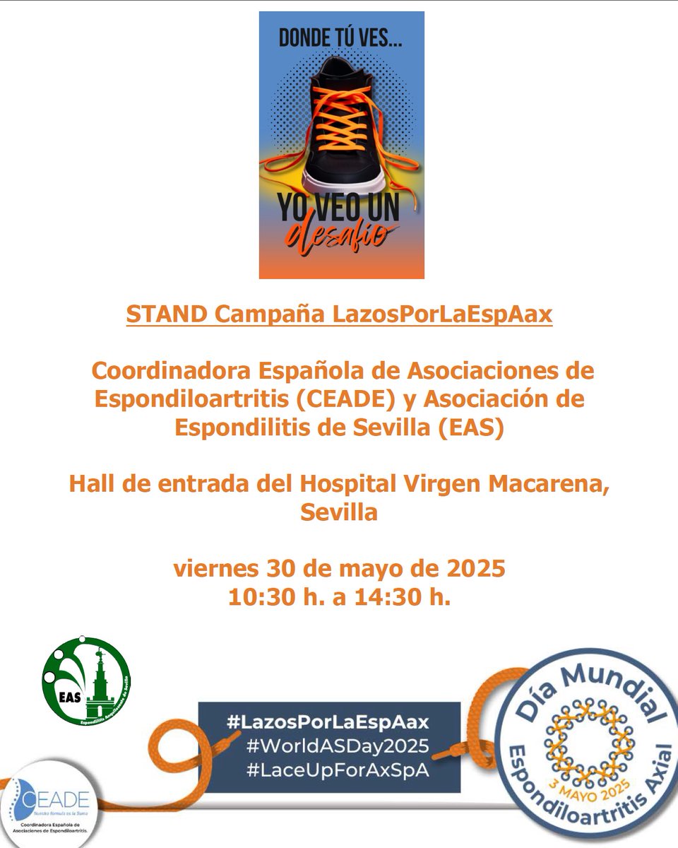 Espondilitis Sevilla (@espondilitiseas) on Twitter photo El viernes, 30 de mayo de 2025, estaremos con
<a href="/CEADE_/">CEADE</a> en el <a href="/HUVMacarena/">Hospital Virgen Macarena</a> de Sevilla, visibilizando la Espondiloartritis Axial con la Campaña #LazosPorLaEspAax. Gracias al Hospital por ofrecernos sus instalaciones.
<a href="/ArtritisHoy/">Artritis Hoy</a>
<a href="/ASIntFed/">ASIF</a>
<a href="/SEReumatologia/">Soc.Esp.Reumatología</a>
<a href="/GRESSER_Espa/">GRESSER</a> El viernes, 30 de mayo de 2025, estaremos con
<a href="/CEADE_/">CEADE</a> en el <a href="/HUVMacarena/">Hospital Virgen Macarena</a> de Sevilla, visibilizando la Espondiloartritis Axial con la Campaña #LazosPorLaEspAax. Gracias al Hospital por ofrecernos sus instalaciones.
<a href="/ArtritisHoy/">Artritis Hoy</a>
<a href="/ASIntFed/">ASIF</a>
<a href="/SEReumatologia/">Soc.Esp.Reumatología</a>
<a href="/GRESSER_Espa/">GRESSER</a>