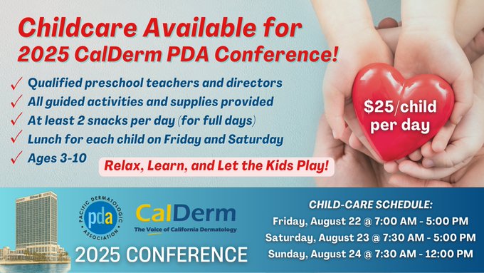🚨 Attending the 2025 CalDerm PDA Conference? 

We’ve got child care! For just $25/day, Kids' Club (ages 3–10) offers fun, safe, supervised care by licensed preschool staff. 🎨🧩🍎

Spots are limited—reserve now!👇
pacificderm.org/annual-meeting/