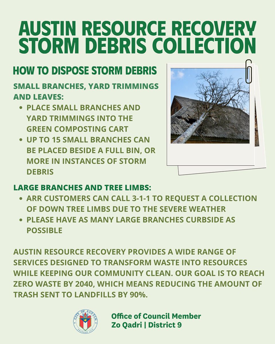 If your block is still cleaning up after the storm, the City of Austin is here to help.

Regular compost pickup is ongoing, but larger debris – like fallen trees – can be collected by request.

Details &amp; updates below. Sign up for service alerts: austintexas.gov/myschedule