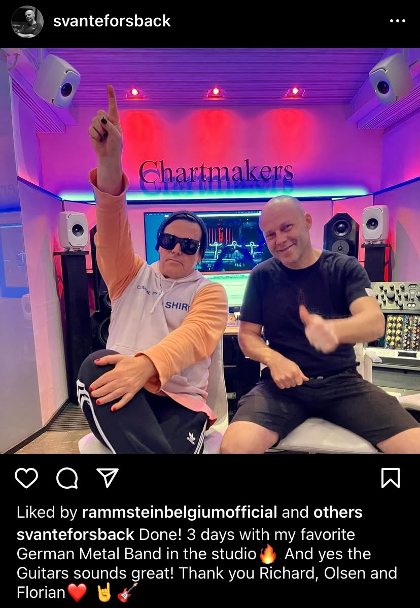 Done! 3 days with my favorite Guitar Metal Vand in the studio 🔥 And yes the Guitars sound great! Thank you Richard, Olsen and Florian ❤️🤘 🎸 

Photo Svante Forsbäck (posted 29.05.2025 @ Chartmakers Oy Finland) #Rammstein #richardkruspe