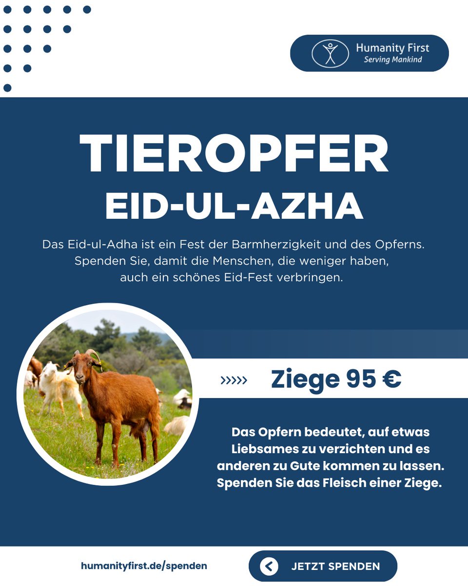 Das Eid-ul-Adha ist ein Fest der Barmherzigkeit und des Opferns. Spenden Sie, damit die Menschen, die weniger haben, auch ein schönes Eid-Fest verbringen.
Jetzt spenden:
🌍 humanityfirst.de/donations/tier…