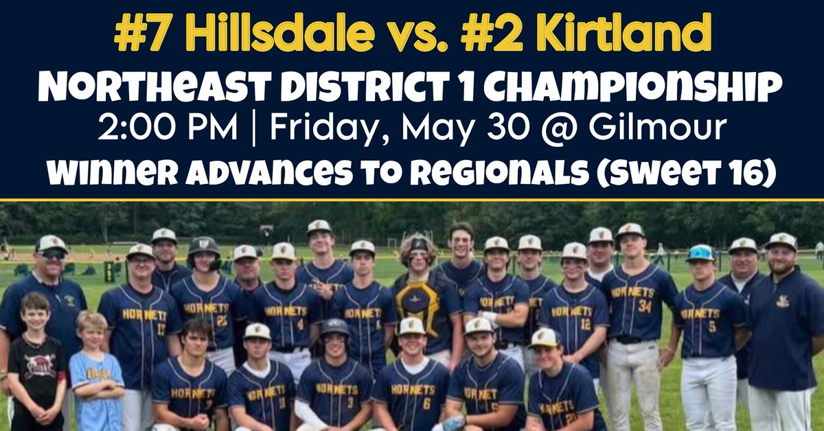 Kirtland Hornet Stat Crew (@hornetstatcrew) on Twitter photo #2 seed Kirtland Baseball will square off against #7 seed Hillsdale for the D6 NE District 1 championship Friday, May 30th at 2pm at Gilmour.
Come support the Hornets as they pursue their third district title in school history and first since 2019! ⚾️
#HornetPride🐝
<a href="/KLSDSupt/">Chad VanArnhem, Ed.D.</a> #2 seed Kirtland Baseball will square off against #7 seed Hillsdale for the D6 NE District 1 championship Friday, May 30th at 2pm at Gilmour.
Come support the Hornets as they pursue their third district title in school history and first since 2019! ⚾️
#HornetPride🐝
<a href="/KLSDSupt/">Chad VanArnhem, Ed.D.</a>