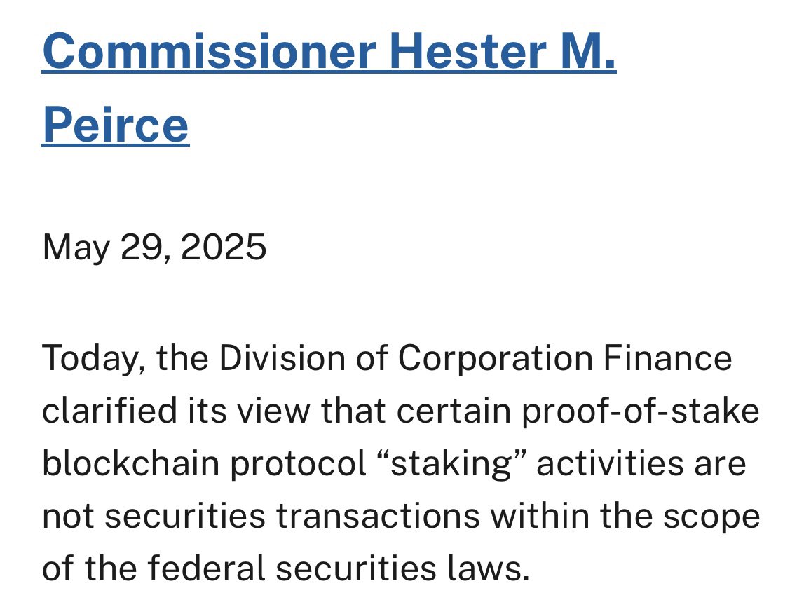 SEC says certain proof-of-stake blockchain protocol staking activities are *not* securities transactions…

Another hurdle cleared for staking in spot eth ETFs.

Now need clarity from IRS on how staking revenue handled in grantor trust (which is structure used for spot eth ETFs).