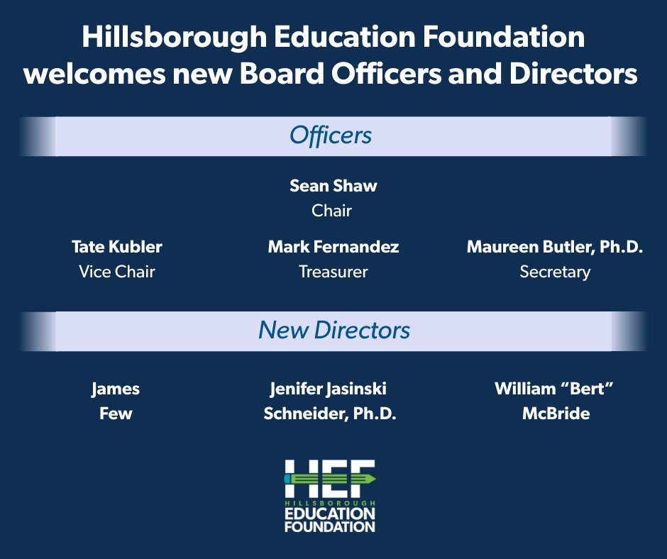 Please join us in welcoming the newest Officers and Directors to Hillsborough Education Foundation’s Board! We’re excited to collaborate with these dedicated leaders to help ensure every student in Hillsborough County receives an outstanding public education that equips them for