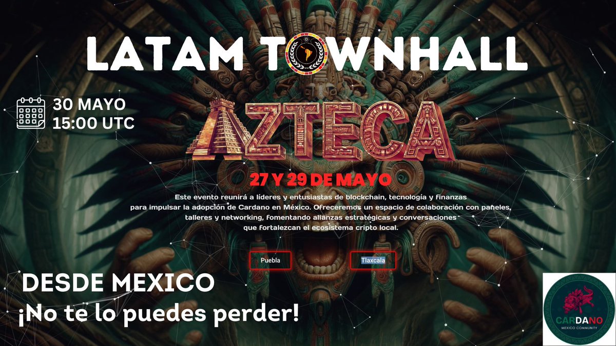 🚨✨ Cardano LATAM Townhall te espera este 30 de Mayo a las 15:00 UTC! 🚀

📰 AZTECA 2025 - COBERTURA ESPECIAL DESDE MEXICO 🔔

➡️ ZOOM / YOUTUBE: us02web.zoom.us/meeting/regist…

👉 Aguardamos você!!!! No te lo pierdas, únete a la conversación.