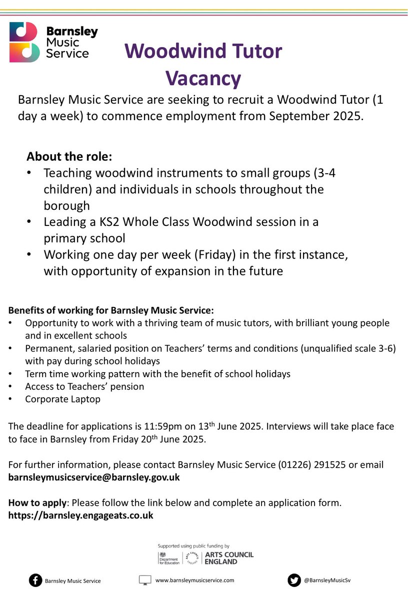 Woodwind Tutor Required 🎷 🪈 🎶 

1 day a week from September 2025 with opportunity for expansion. Wonderful opportunity to be part of an outstanding department and wider team. 

Closing date Friday 13 June 2025.

Link to application form:
barnsley.engageats.co.uk/V2/Vacancy