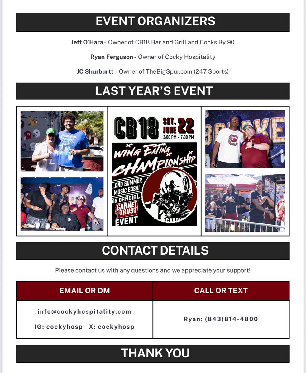 💥 WING OFF SPONSOR OPPORTUNITIES 💥 

We’re excited to host the 3rd Annual Wing Off in a little over 3 weeks from now! 

This is a FREE EVENT for guest but we’re looking for Sponsors if anyone would like to take advantage of the Sponsorship opportunities below! TIA!

#CB90 🤙🏼🐔