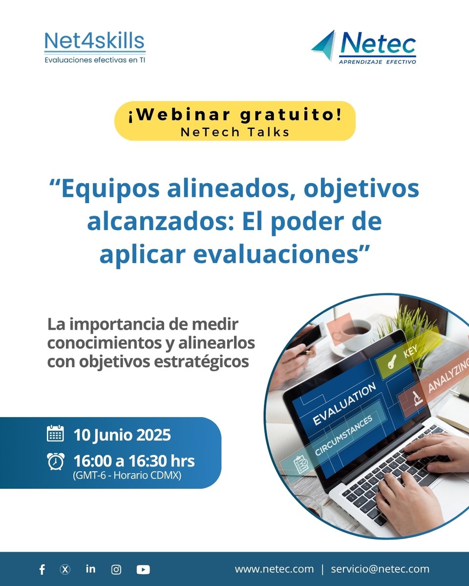 netec's tweet image. 💡 Alinea objetivos y mejora resultados con evaluaciones.
🎓 Únete al #WebinarGratuito de 
@net4skills
 y descubre cómo impulsar tu equipo.
🗓️ 10 junio | ⏰ 16:00 CDMX

Inscríbete ➡️ acortar.link/i1epDl

#Net4skills #NeTechTalks #NetecConecta