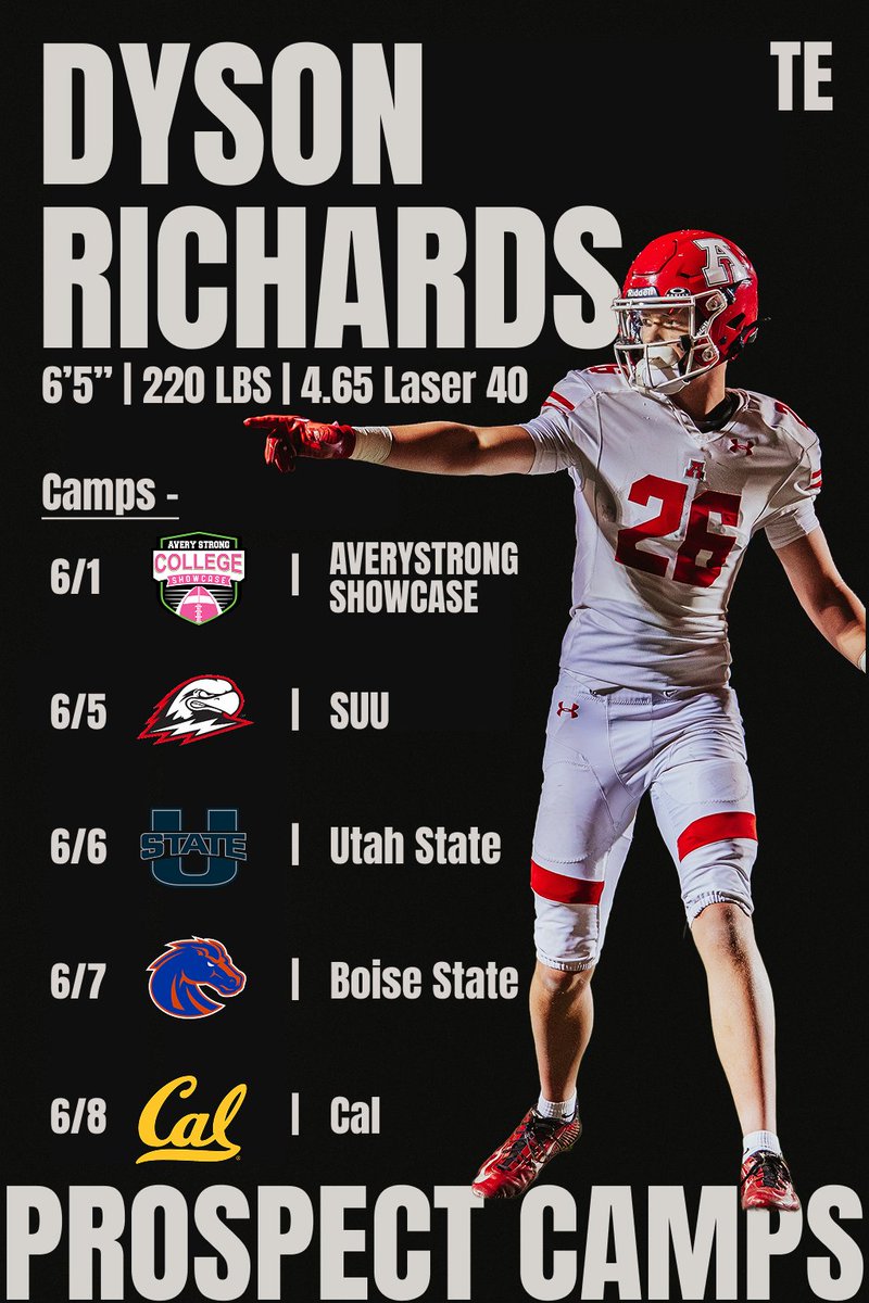 Dyson Richards (@dysonrichards26) on Twitter photo Upcoming camp schedule... more to follow but this gets us through the next couple weeks.
Looking forward to showing up and competing and earning those offers!!
<a href="/AveryShowcases/">Avery Strong Showcases</a> <a href="/BrandonHuffman/">Brandon Huffman</a> <a href="/SUUFB_/">Southern Utah Football</a> <a href="/USUFootball/">USU Football</a> <a href="/AliiNiumatalolo/">Ali’i Niumatalolo</a> <a href="/BroncoSportsFB/">Boise State Football</a> <a href="/CalFootball/">Cal Football</a> <a href="/JohnKelling37/">John A Kelling</a> Upcoming camp schedule... more to follow but this gets us through the next couple weeks.
Looking forward to showing up and competing and earning those offers!!
<a href="/AveryShowcases/">Avery Strong Showcases</a> <a href="/BrandonHuffman/">Brandon Huffman</a> <a href="/SUUFB_/">Southern Utah Football</a> <a href="/USUFootball/">USU Football</a> <a href="/AliiNiumatalolo/">Ali’i Niumatalolo</a> <a href="/BroncoSportsFB/">Boise State Football</a> <a href="/CalFootball/">Cal Football</a> <a href="/JohnKelling37/">John A Kelling</a>