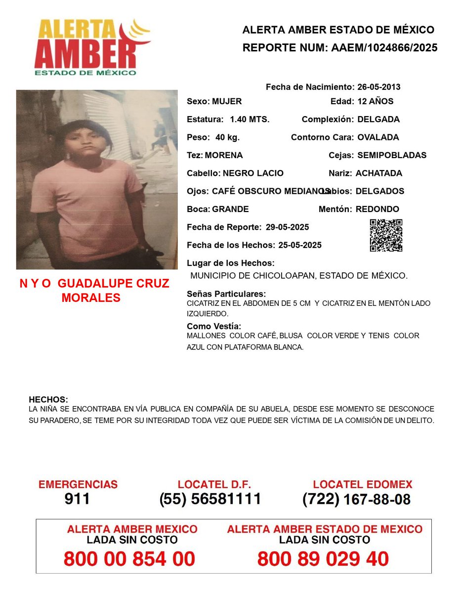 📍Tu apoyo es importante, ayúdanos a difundir, cualquier información para localizar a la siguiente persona comunícate al 📞800 890 2940 Alerta Amber EDOMEX y ☎️ 800 7028 770 #FiscalíaEdoméx.