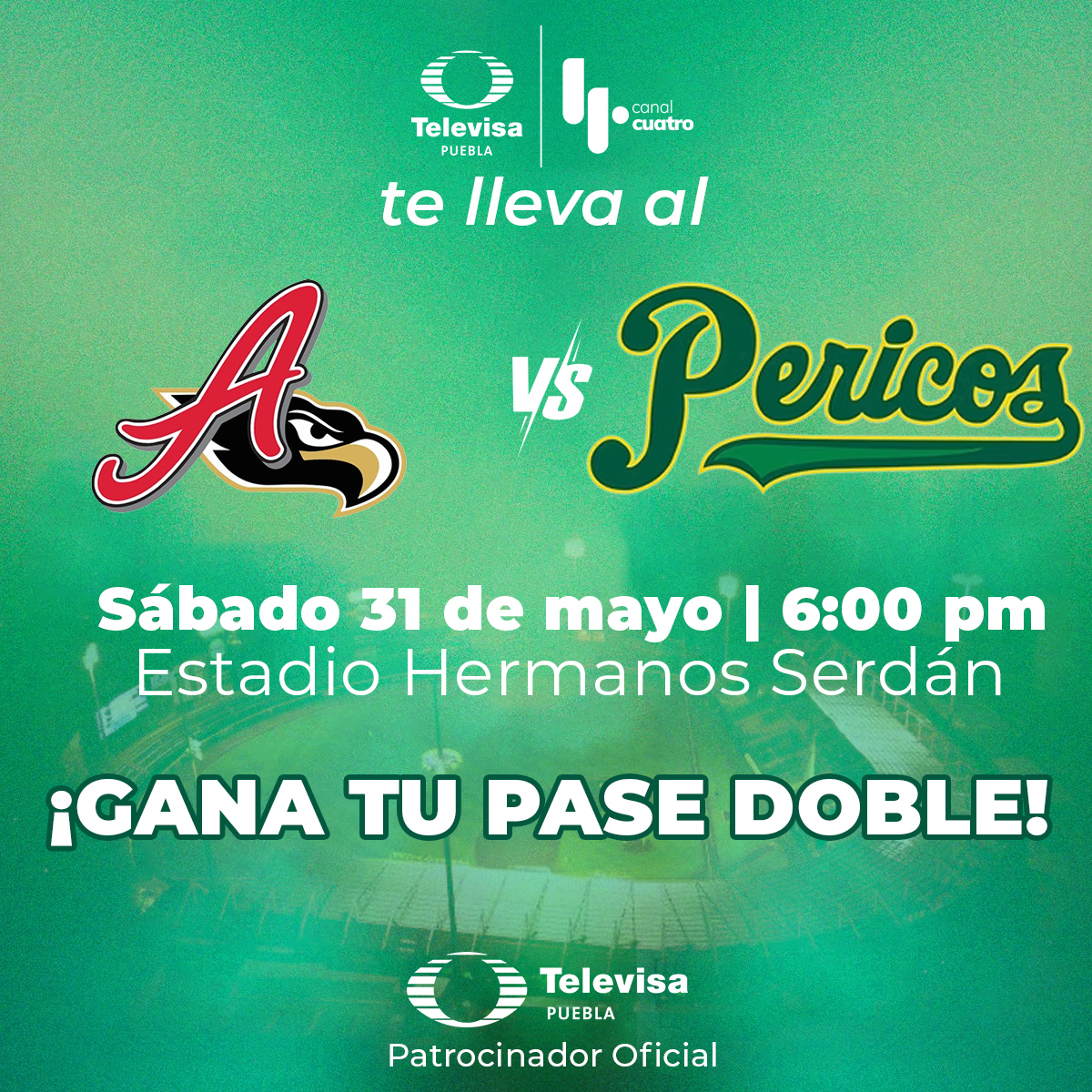 ¡Televisa Puebla te lleva al segundo juego entre El Águila y Pericos! 🔥🎟️⚾️
Síguenos, dale ❤️, RT y dinos con quién asistirás al partido. Tienes hasta las 2:00 pm para participar.❤️