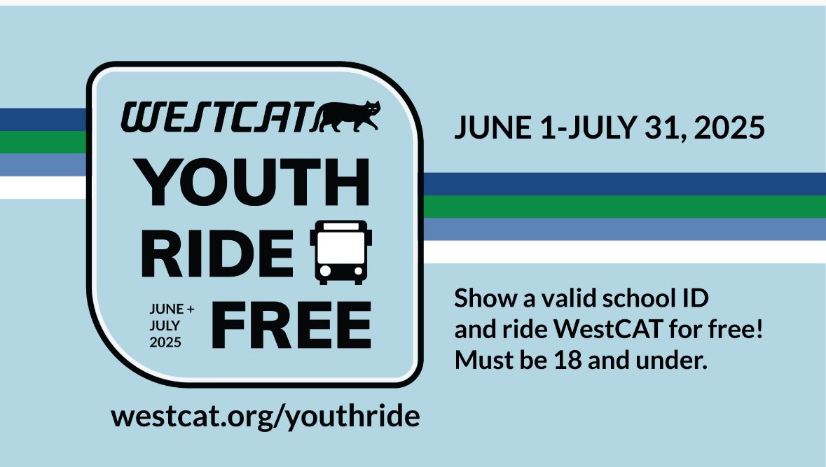 WestCAT is launching the Youth Ride Free summer program, allowing young people up to 18 to ride any WestCAT bus for free  June 1 to July 31!  This initiative aims to enhance mobility, connect youth to vital resources, and foster social interactions.  westcat.org/youthride