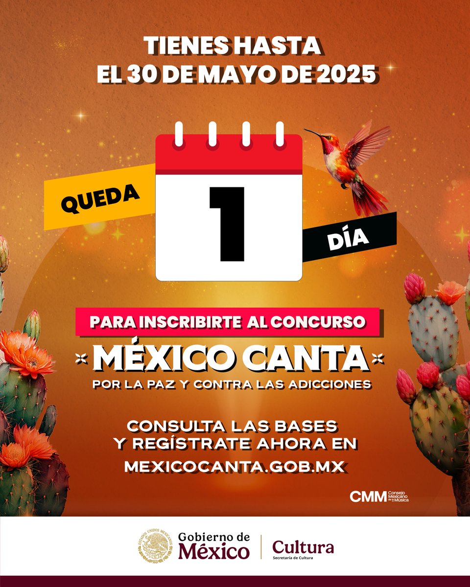 Secretaría de Cultura (@cultura_mx) on Twitter photo Sólo queda un día para inscribirte al concurso musical <a href="/MexicoCanta_/">México Canta</a> . Si tienes entre 18 y 34 años y eres mexicano o mexicoestadounidense, puedes registrar una canción en audio o video en cualquier género tradicional mexicano o de música mexicana contemporánea con letra en Sólo queda un día para inscribirte al concurso musical <a href="/MexicoCanta_/">México Canta</a> . Si tienes entre 18 y 34 años y eres mexicano o mexicoestadounidense, puedes registrar una canción en audio o video en cualquier género tradicional mexicano o de música mexicana contemporánea con letra en