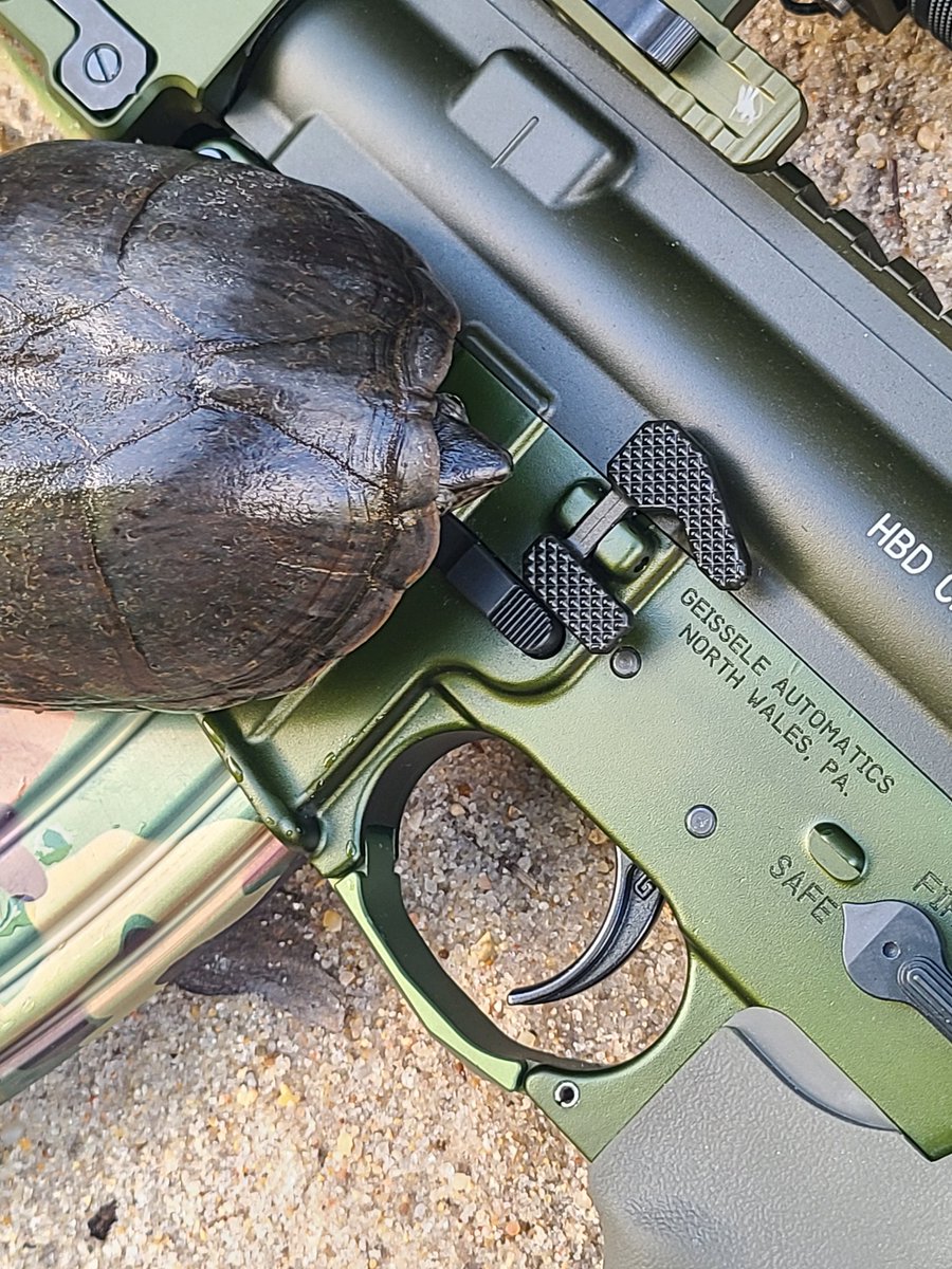 Mari-turtle Bolt Catch? 
Super Duty Sternotherus?
Chelonian Carbine?
Tactical Testudine?

<a href="/GeisseleAuto/">Geissele Automatics</a> or <a href="/Dura_mag/">Duramag</a> should decide. 

(This old musk turtle was getting a welfare check and got a big meal before she was returned to the water)
