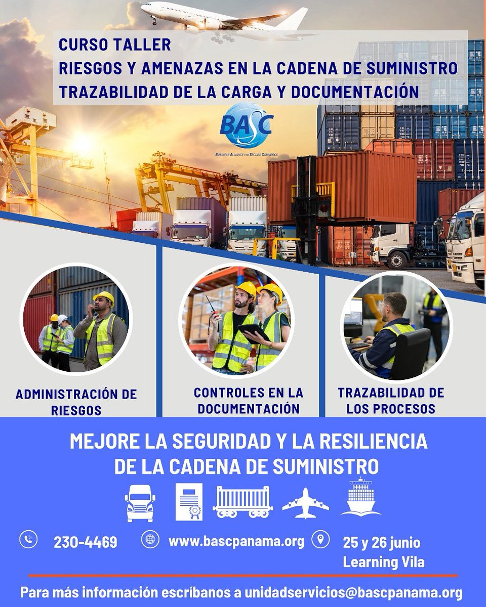Los invitamos a participar de nuestro próximo Curso/Taller: Riesgos y amenazas en la cadena de suministro, trazabilidad de la carga y documentación. 

Fecha: 25 y 26 de junio.
Lugar: Learning Vila 
Hora: 8:30 a.m.
#BASCPanamá #comercioseguro