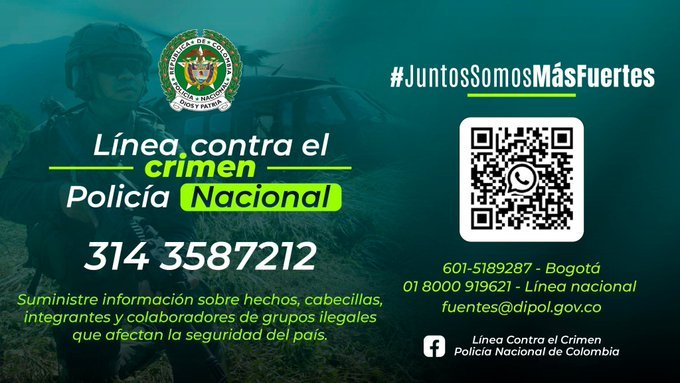 ¡Su denuncia es clave para combatir el crimen y mantener la seguridad en la comunidad! 

No dude en reportar cualquier hecho que atente contra la tranquilidad y la convivencia a través de nuestra #LíneaContraElCrimen al número 3143587212.