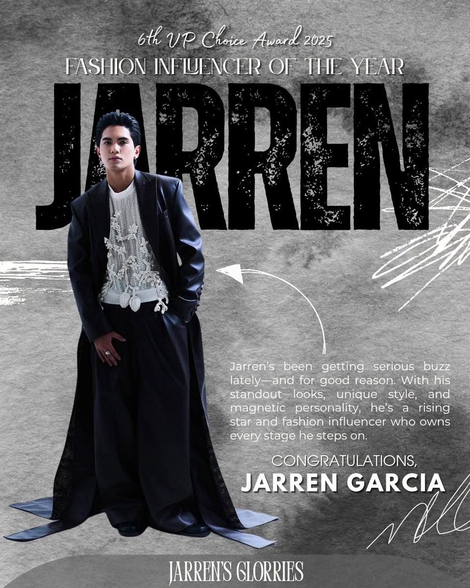 JGLORRIES13's tweet photo. JARREN takes home Fashion Influencer of the Year 2025!🏆
Style, Passion, Influence, all recognized tonight.

Much love to the Solids &amp; Shippers fandoms and panel who made this achievement possible!

JARREN at the VPCA Awards Night 
#JarrenGarcia https://t.co/LzkE8xqdtq