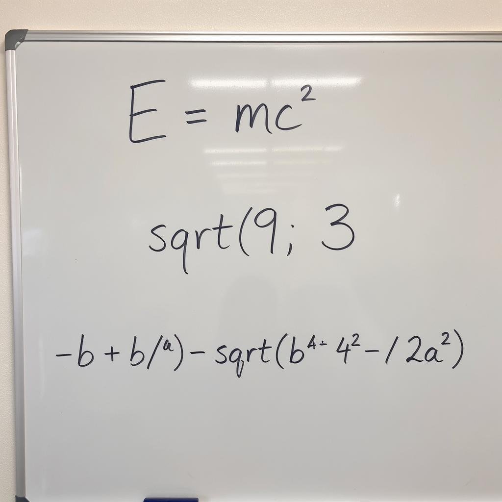 ai4chatco's tweet photo. A whiteboard with equations E=mc², √9=3, (-b±√(b²-4ac))/2a to assess clarity in mathematical notation. First picture is GPT-4o, second is FLUX Kontext Max. https://t.co/PAG6TMaCI9