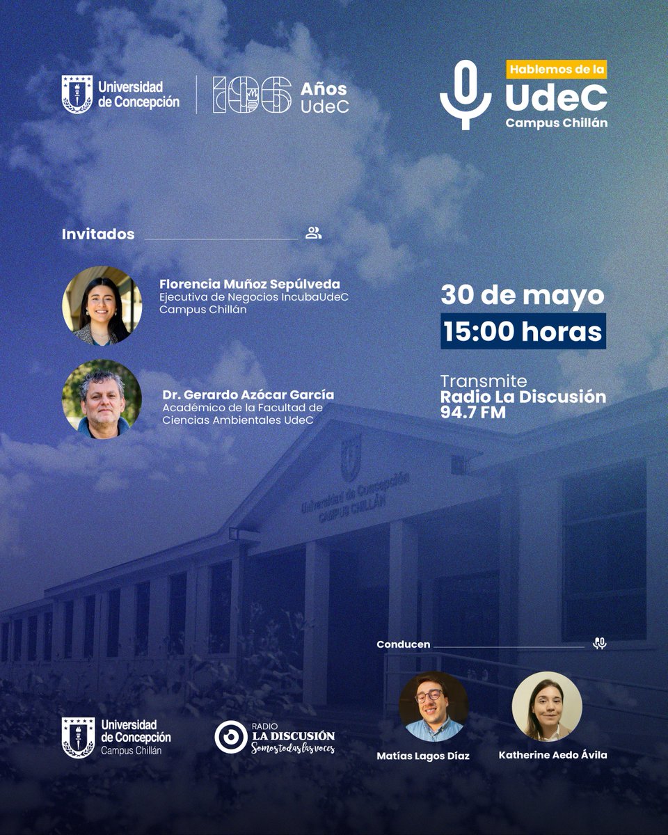 #MediosUdeC: No te pierdas este viernes 30 de mayo nuestro séptimo programa de “Hablemos de la UdeC Campus Chillán”, un espacio pensado para compartir conocimientos y estrechar los lazos con la comunidad regional de Ñuble.