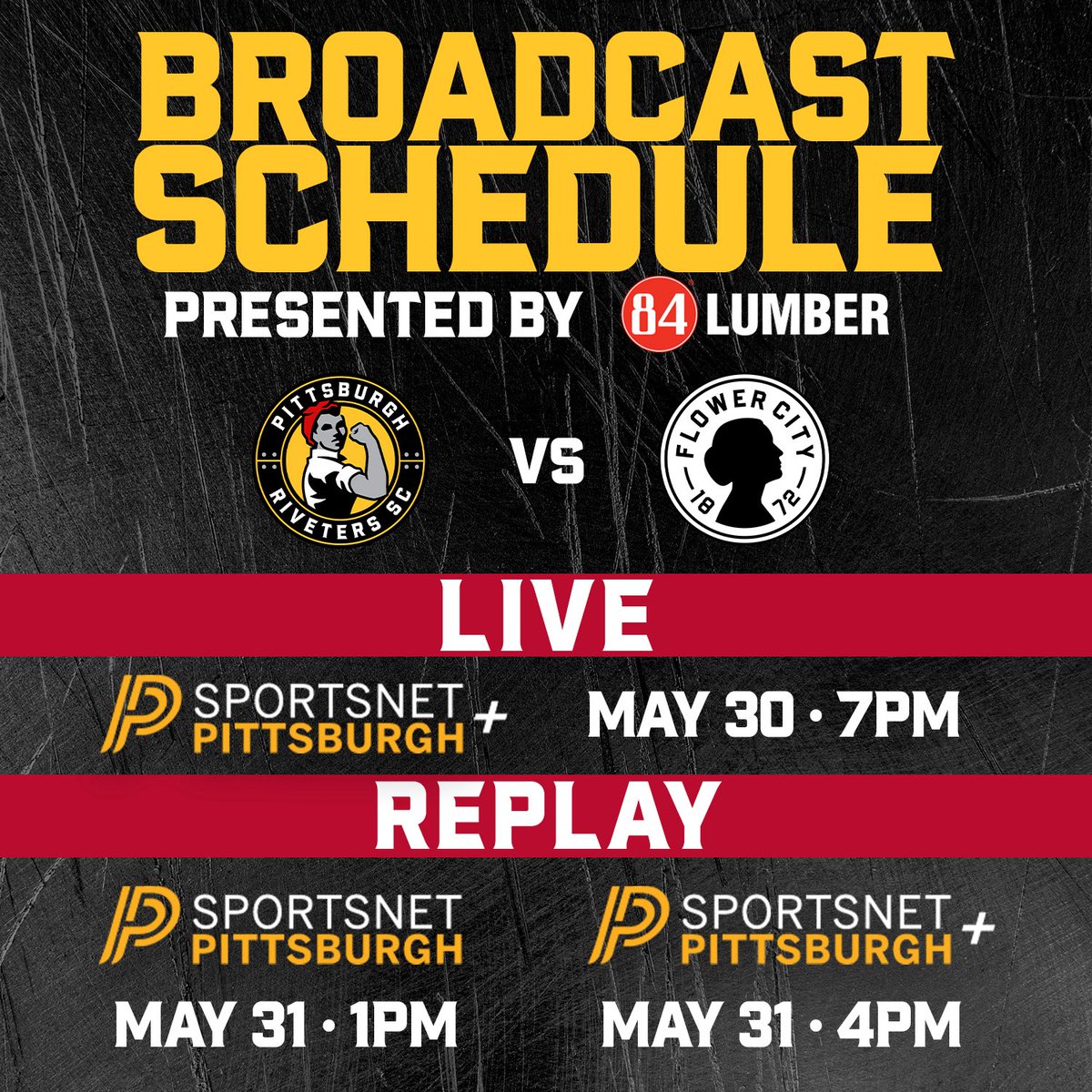 Under 24 hours out from our second home game! 💪 If you can't make it to the match, here's how you can watch #PITvFLC tomorrow! 🎥  
 
Broadcasts are presented by <a href="/84LumberNews/">84 Lumber Company</a> ! 💥
 
#RivetersRise <a href="/SNPittsburgh/">SportsNet Pittsburgh</a>