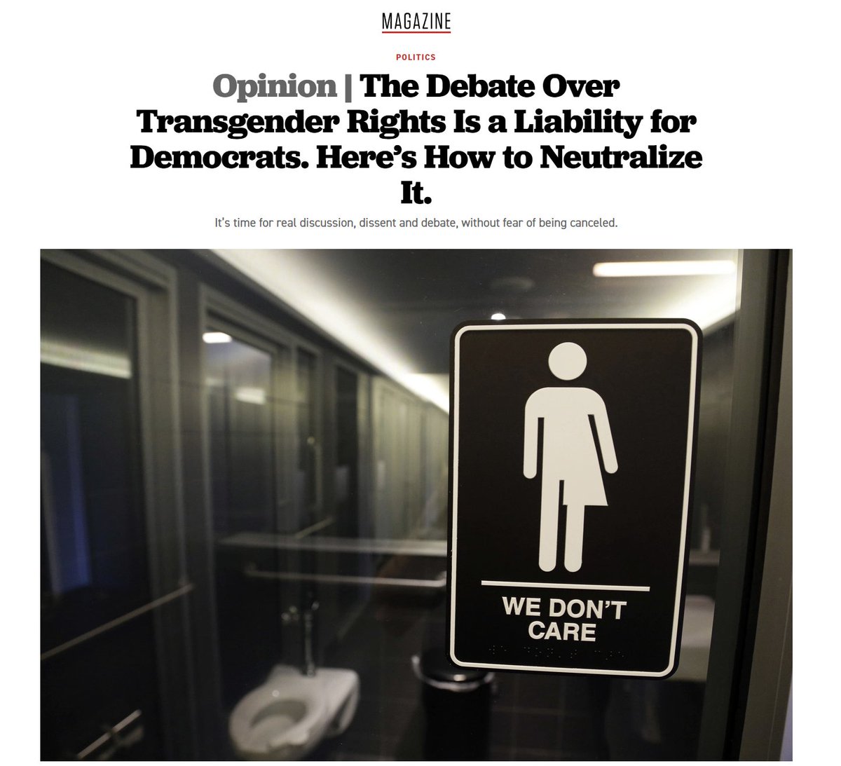 Jonathan Cowan, president of the liberal think tank <a href="/ThirdWayTweet/">Third Way</a>, writes in <a href="/POLITICOMag/">POLITICO Magazine</a> on how trans issues are liability for Democrats, and how they can moderate. 

We should welcome perspectives such as these, but I think Cowan still gets it wrong. 

Thread 🧵