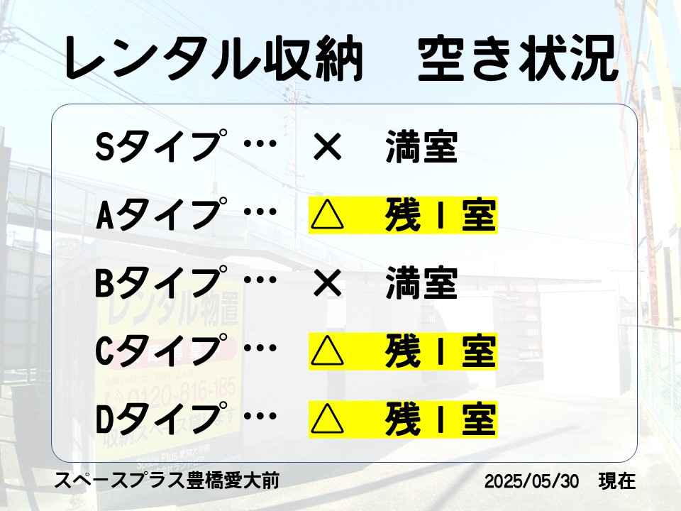 📢空き状況のお知らせ📢

5月30日現在、A.C.Dタイプに空きがあります！📦✨
「荷物が増えてきた…」
「季節用品の収納に困っている…」
そんな方にピッタリ！

今ならスムーズにご案内できますので、お気軽にお問合せ下さい📞
0120-816-185