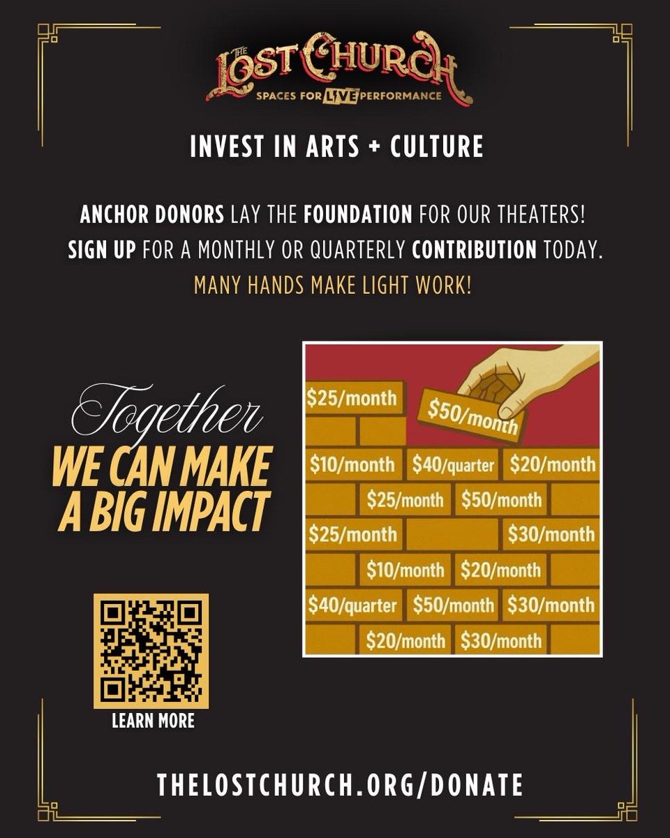 🧱 With your help, we create, sustain and defend spaces for live performance. Together, we can make a big impact. 🌹 

🫵  Become an Anchor Donor today: thelostchurch.org/donate ⚓ 

#sfmusic #sfart #sftheater #bayareaart #bayareatheater #bayareamusic #bayareacomedy