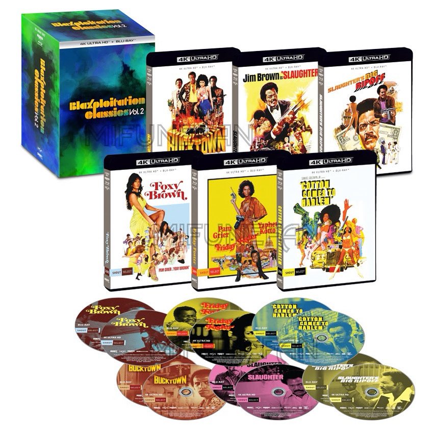 Coming to 4K UHD in August from Shout Factory

Blaxploitation Classics Volume 2 4K UHD 

Cotton Comes to Harlem (1970)
Slaughter (1972)
Slaughter’s Big Rip-Off (1973)
Foxy Brown (1974)
Friday Foster (1975)
Bucktown (1975)

MORE INFO TBA

#Blaxploitation  #Bluray #physicalmedia