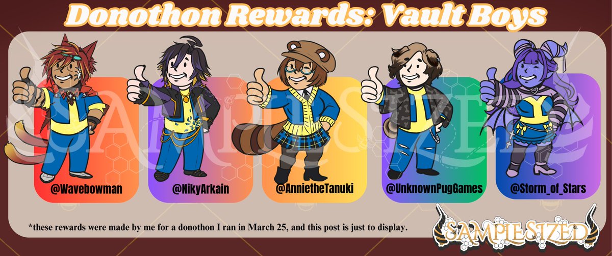 SamPleSized | PNGtuber | comms limited (@samplesizeda) on Twitter photo I had finished these rewards a bit late and forgot to share. These were the winners of the Vault Boy art raffle during the previous donation. More rewards will come soon. <a href="/WaveBowman/">Wave Bowman π±β|PNGtuber | Weapon Artist|</a> <a href="/NikyArkain/">Niky Arkain</a> Yamba for <a href="/AnnietheTanuki/">Annie Miyagawa- Tanuki Student Vtuber!</a> /unknownpuggames and /Storm_of_stars I had finished these rewards a bit late and forgot to share. These were the winners of the Vault Boy art raffle during the previous donation. More rewards will come soon. <a href="/WaveBowman/">Wave Bowman π±β|PNGtuber | Weapon Artist|</a> <a href="/NikyArkain/">Niky Arkain</a> Yamba for <a href="/AnnietheTanuki/">Annie Miyagawa- Tanuki Student Vtuber!</a> /unknownpuggames and /Storm_of_stars