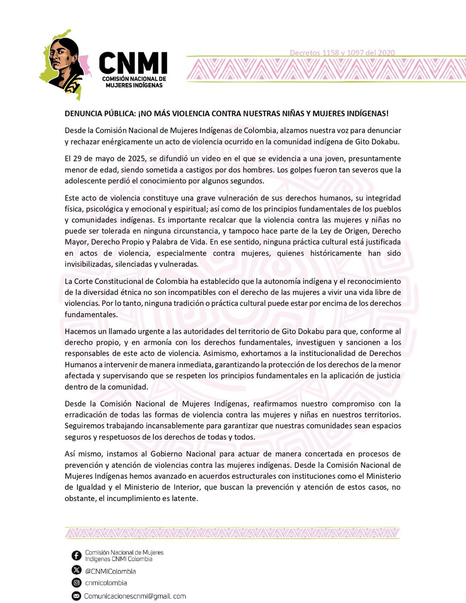 🚨 DENUNCIA PÚBLICA 🚨

¡NO MÁS VIOLENCIA CONTRA NUESTRAS NIÑAS Y MUJERES INDÍGENAS!

🟢🔴⚫Desde la Comisión Nacional de Mujeres Indígenas de Colombia, alzamos nuestra voz con profunda indignación para denunciar un acto de violencia ocurrido en la comunidad indígena de Gito