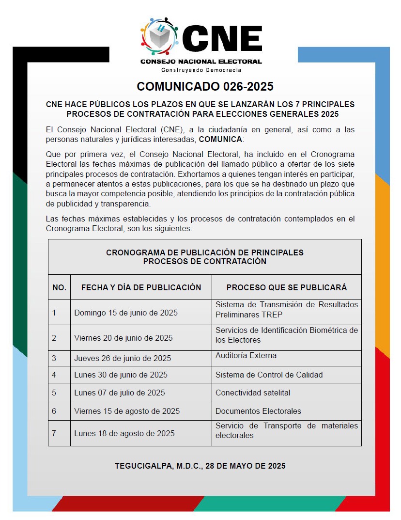 COMUNICADO 026-2025
CNE HACE PÚBLICOS LOS PLAZOS EN QUE SE LANZARÁN LOS 7 PRINCIPALES PROCESOS DE CONTRATACIÓN PARA ELECCIONES GENERALES 2025
