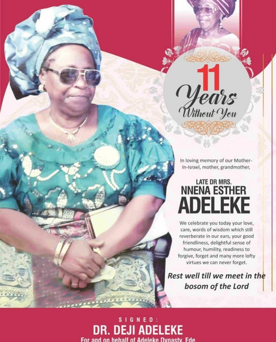 This is Nnenna Esther Adeleke—mother of:

Adedeji Adeleke-(Davido’s father 
Gov Ademola Adeleke-(B-red’s father)
Late Gov Isiaka Adeleke

Late Esther Nnenna Adeleke was Davido’s paternal Grandmother.

All the Adelekes speak Igbo including Davido's dad.

This is Nnenna Adeleke’s