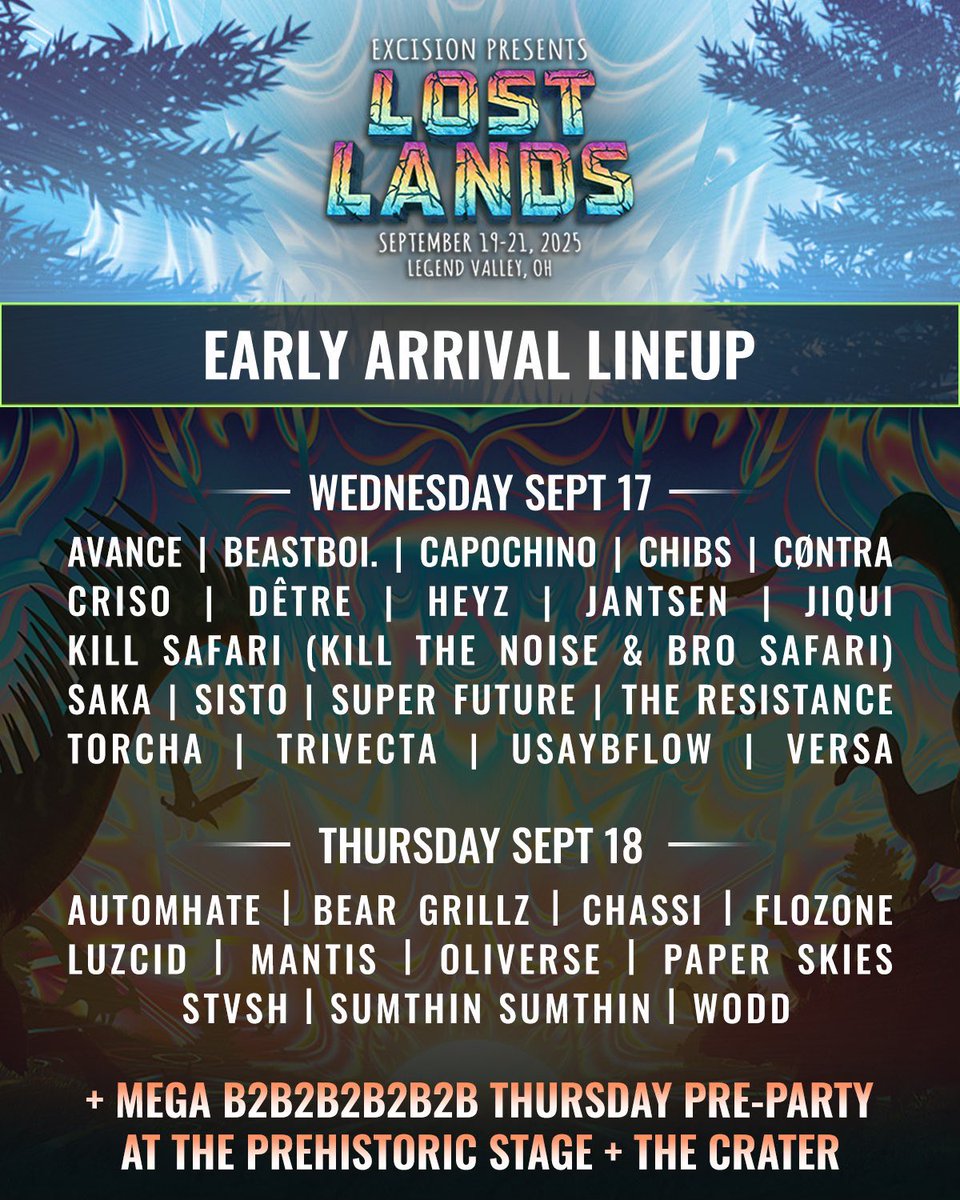 AllTime EDM (@alltimeedm) on Twitter photo BREAKING 🚨: Lost Lands Festival reveals early arrival lineup featuring <a href="/killthenoise/">ᵏᵗⁿ</a> b2b <a href="/brosafari/">bro safari</a>, <a href="/itsbeargrillz/">BEAR GRILLZ</a>, <a href="/capochinomusic/">capochino</a>, <a href="/heyzmsc/">HEYZ</a>, <a href="/TrivectaMusic/">Trivecta</a>, <a href="/PaperSkies_Sc/">Paper Skies</a> + MANY MORE! 🔥
CAN WE GET A <a href="/lost_lands/">Lost Lands Festival</a> ROLL CALL??? 👋🦖🦕 BREAKING 🚨: Lost Lands Festival reveals early arrival lineup featuring <a href="/killthenoise/">ᵏᵗⁿ</a> b2b <a href="/brosafari/">bro safari</a>, <a href="/itsbeargrillz/">BEAR GRILLZ</a>, <a href="/capochinomusic/">capochino</a>, <a href="/heyzmsc/">HEYZ</a>, <a href="/TrivectaMusic/">Trivecta</a>, <a href="/PaperSkies_Sc/">Paper Skies</a> + MANY MORE! 🔥
CAN WE GET A <a href="/lost_lands/">Lost Lands Festival</a> ROLL CALL??? 👋🦖🦕