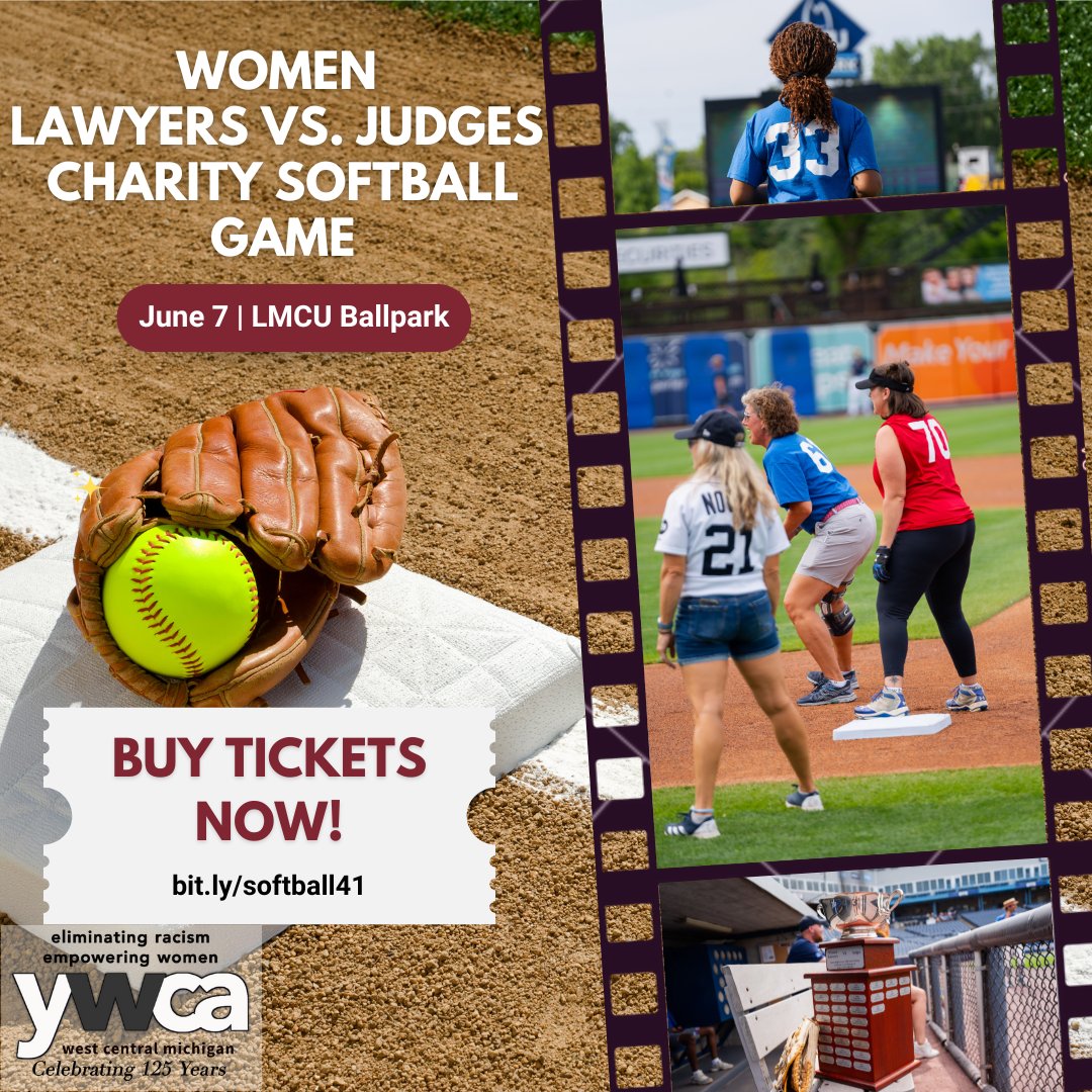 YWCA West Central Michigan (@ywcawcmi) on Twitter photo We are just over a week away from the ultimate showdown - Women Lawyers vs. Judges! It's not too late to grab your tickets and join the fun. 🥎
Purchase your tickets now by visiting bit.ly/softball41. For any questions or additional information, contact elange@ywcawcmi.org We are just over a week away from the ultimate showdown - Women Lawyers vs. Judges! It's not too late to grab your tickets and join the fun. 🥎
Purchase your tickets now by visiting bit.ly/softball41. For any questions or additional information, contact elange@ywcawcmi.org