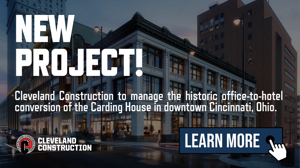 We’ve been awarded a new project in downtown #Cincinnati.

A chance to breathe new life into a historic building.
A chance to turn vacant office space into something unique.

Introducing: Carding House Hotel.

A 51,000 SF #AdaptiveReuse project.
Becoming a 44-key boutique hotel.