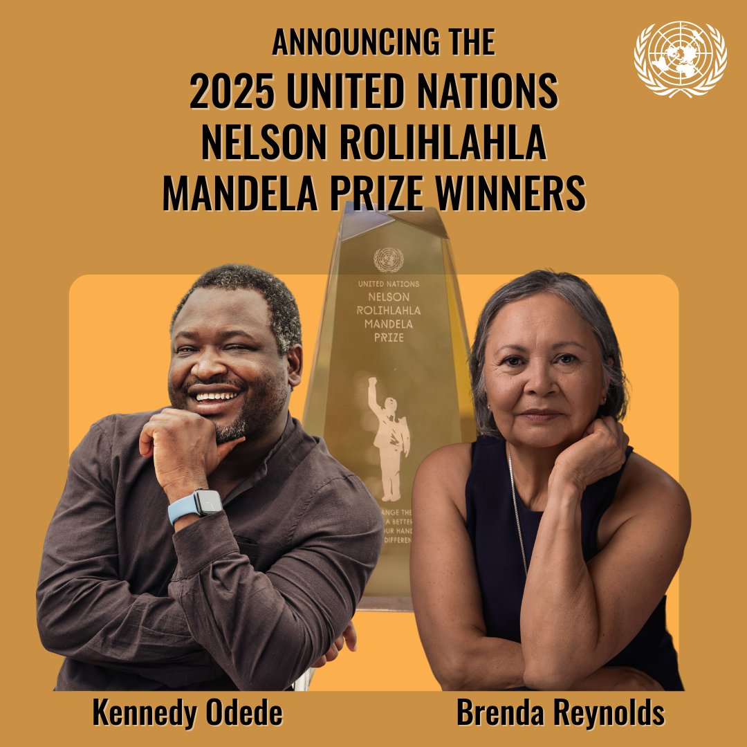 UN Sustainable Development Group 🇺🇳 (@un_sdg) on Twitter photo Congratulations to the winners of the <a href="/UN/">United Nations</a>'s 2025 #MandelaPrize!
➡️Brenda Reynolds is being recognized for her work on behalf of Indigenous communities in Canada. ➡️Kennedy Odede’s organization provides essential services to urban slums in Kenya.
Details: bit.ly/4mD9Whi Congratulations to the winners of the <a href="/UN/">United Nations</a>'s 2025 #MandelaPrize!
➡️Brenda Reynolds is being recognized for her work on behalf of Indigenous communities in Canada. ➡️Kennedy Odede’s organization provides essential services to urban slums in Kenya.
Details: bit.ly/4mD9Whi