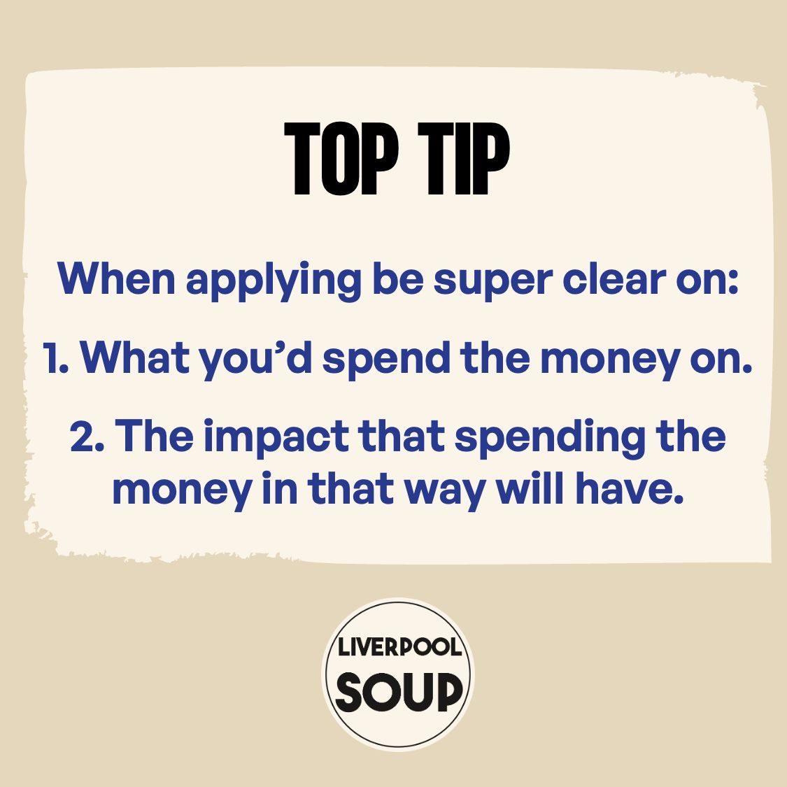 👉 APPLICATION TOP TIPS 👈 

When applying be super clear on:

✅ What you'd spend the money on.

✅ The impact that spending the money in that way will have.

Apply now: linktr.ee/LiverpoolSOUP

Applications to pitch are open until this evening, 29th May, 11:59pm!
