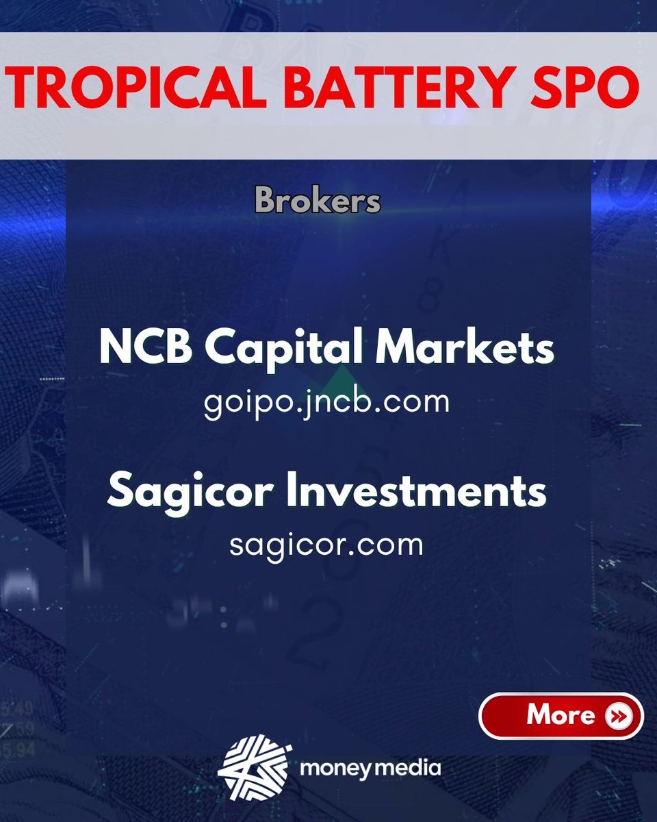 Here's your quick fact sheet for Tropical Battery 's SPO!

Shares cost J$1.87 each, and investors will have to place an order of at least 1000 units.

Apply here: einvest.sagicorjamaica.com/home OR goipo.jncb.com