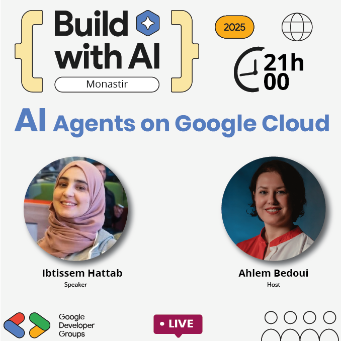 🎯 Kind Reminder 🎯
Our #BuildWithAI journey continues TONIGHT with an exceptional session by the brilliant <a href="/IbtissemHattab/">Ibtissem Hattab</a>👏
She’ll be guiding us through:
"AI Agents on Google Cloud" – a must-attend session for anyone curious about building intelligent systems with GCP!