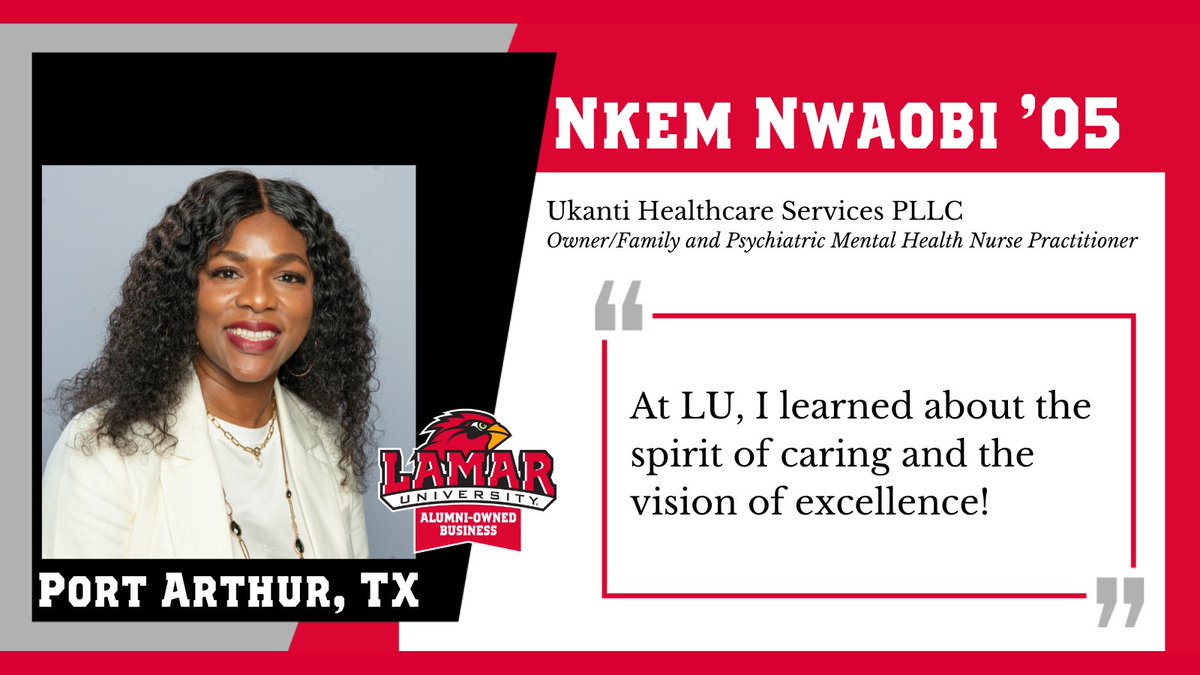Meet Nkem Nwaobi '05. Nkem is the owner of Ukanti Healthcare Services PLLC in Port Arthur where she serves as a Family and Psychiatric Mental Health Nurse Practitioner. ukantihcs.org mantis.org