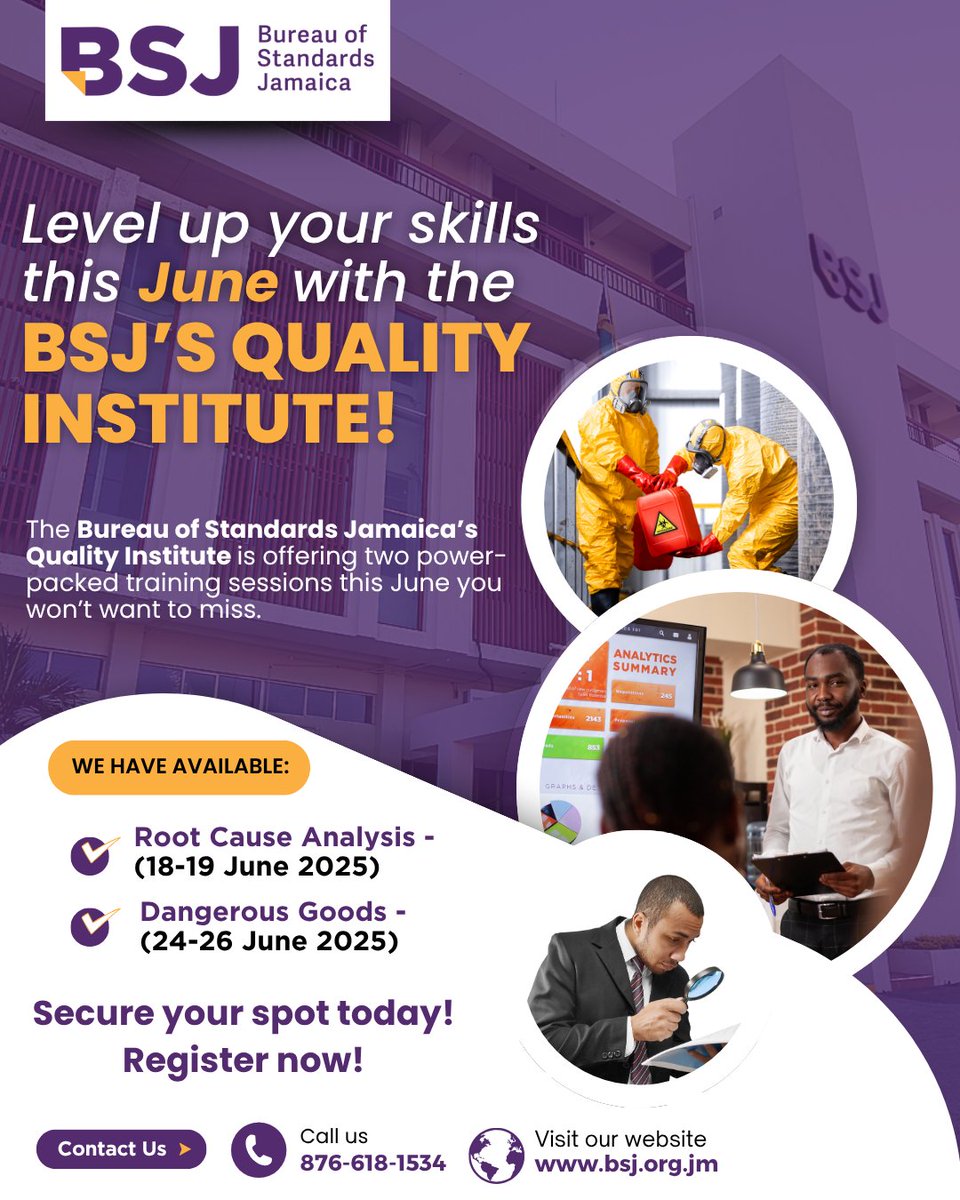 StandardsJa's tweet image. Level up your skills this June with the BSJ's Quality Institute! 💼

📅 Root Cause Analysis: June 18–19
☣️ Dangerous Goods: June 24–26

Call 876-618-1534 or email trainingqi@bsj.org.jm to secure your spot.

#BSJQualityInstitute #RootCauseAnalysis #DangerousGoods
