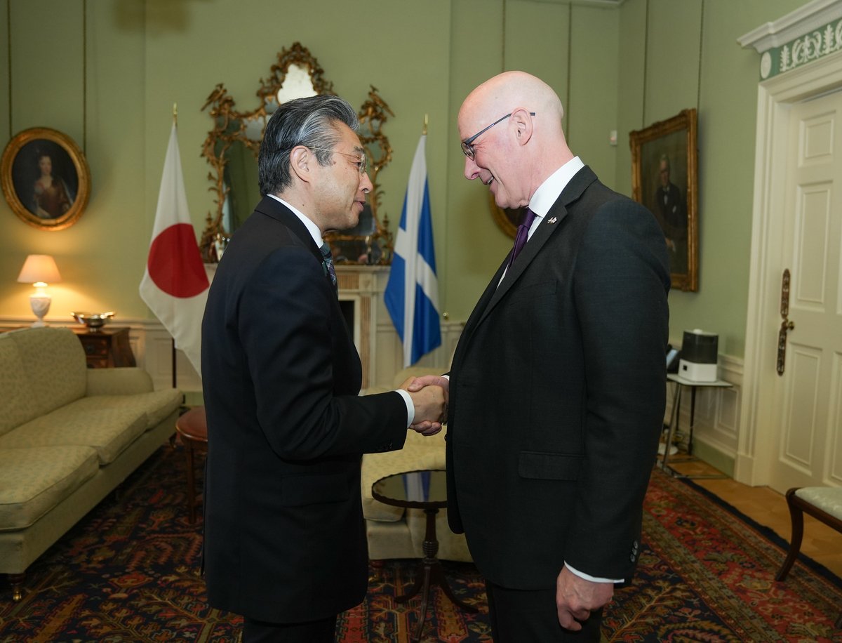 First Minister (@scotgovfm) on Twitter photo First Minister <a href="/JohnSwinney/">John Swinney</a> welcomed <a href="/AmbJapanUK/">Hiroshi Suzuki</a> HE Hiroshi Suzuki to Bute House this evening. They were joined by members of Japanese companies that operate in Scotland.
Both pledged to work together to strengthen the economic and cultural ties between Scotland and Japan. First Minister <a href="/JohnSwinney/">John Swinney</a> welcomed <a href="/AmbJapanUK/">Hiroshi Suzuki</a> HE Hiroshi Suzuki to Bute House this evening. They were joined by members of Japanese companies that operate in Scotland.
Both pledged to work together to strengthen the economic and cultural ties between Scotland and Japan.