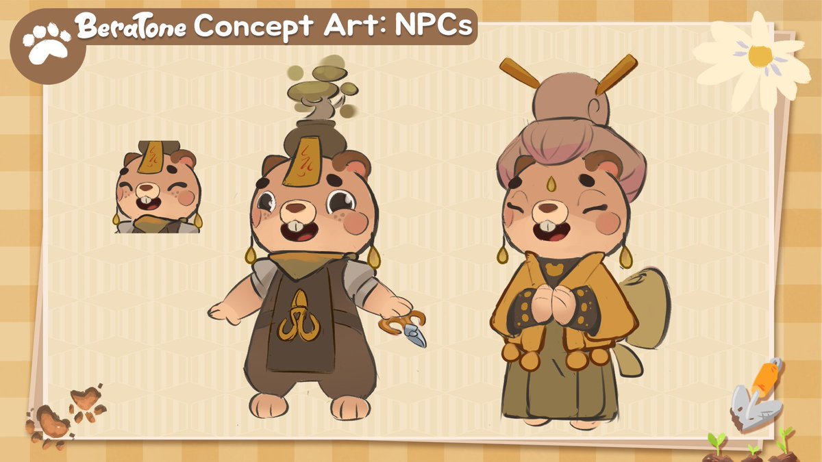BeraTone NPCs feature a w i d e cast of different species beyond beras! 🐾

Here's concept art for some particularly zen NPCs our art lead has created.

They love tending to their gardens... 🌱