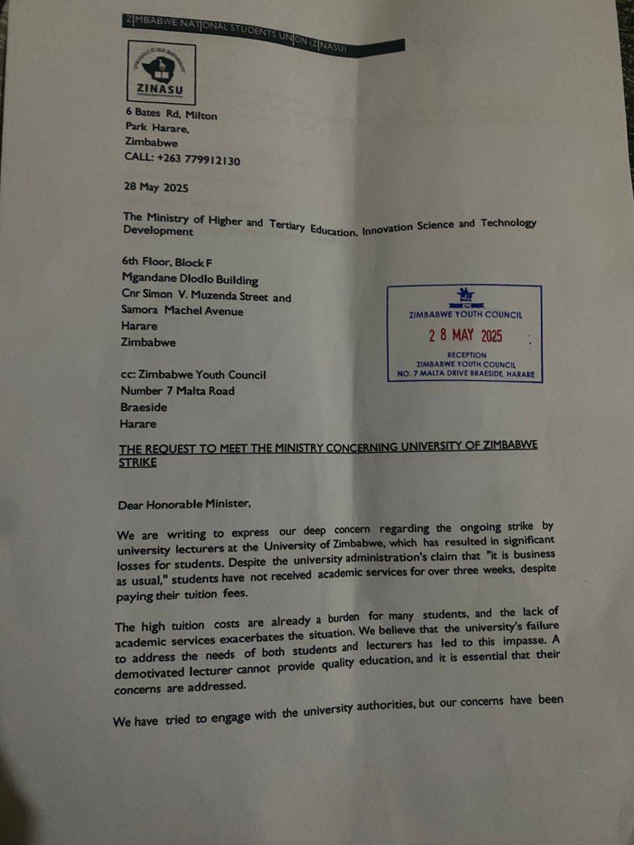 DevineNyakudya's tweet photo. 🗣STATE OF UZ STRIKES
Following unending strikes at the @UniversityOfZim and failure by the administration to address the concerns of students and lecturers, I have written to the @mhtestd and the Zimbabwe Youth Council - requesting a sit down to talk on this matter urgently!! https://t.co/xAShsFnkE9