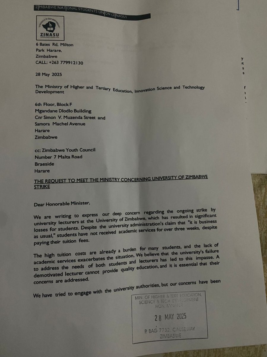 DevineNyakudya's tweet photo. 🗣STATE OF UZ STRIKES
Following unending strikes at the @UniversityOfZim and failure by the administration to address the concerns of students and lecturers, I have written to the @mhtestd and the Zimbabwe Youth Council - requesting a sit down to talk on this matter urgently!! https://t.co/xAShsFnkE9