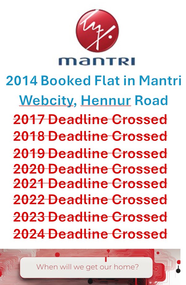 #whenwillwegethome #mantri #mantridevelopers #webcity <a href="/mantriblr/">Mantri Developers</a> <a href="/SushilMantri5/">Sushil Mantri</a> <a href="/snehalmantri/">snehalmantri</a> <a href="/CMofKarnataka/">CM of Karnataka</a> <a href="/siddaramaiah/">Siddaramaiah</a> <a href="/RERAKarnataka/">ReraKarnataka</a> <a href="/ndtvindia/">NDTV India</a> <a href="/ANI/">ANI</a> <a href="/CNNnews18/">News18</a> <a href="/ABPNews/">ABP News</a> <a href="/narendramodi/">Narendra Modi</a> <a href="/DgpKarnataka/">DGP KARNATAKA</a> <a href="/JaagoGrahak/">Jaago Grahak</a> #homedokha #bengaluru @BBMPCOMM @BBMPofficial <a href="/KarnatakaTv/">Karnataka TV</a>