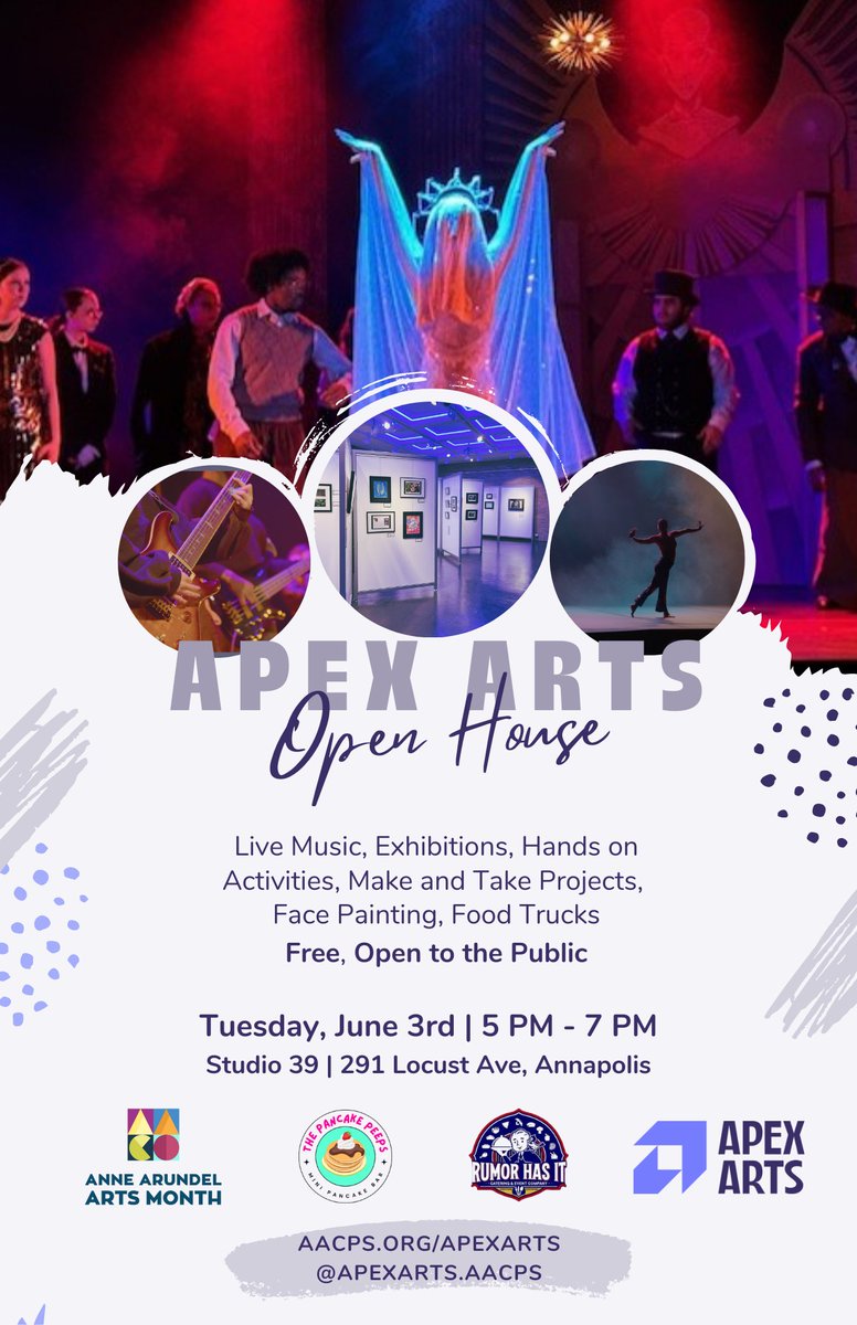Join us on Tuesday, June 3 for the Apex Arts Open House. We have it all - live music, exhibitions, activities, food. It's free and open to all. We'd love to see you! <a href="/ApexArts_aacps/">Apex Arts AACPS</a>