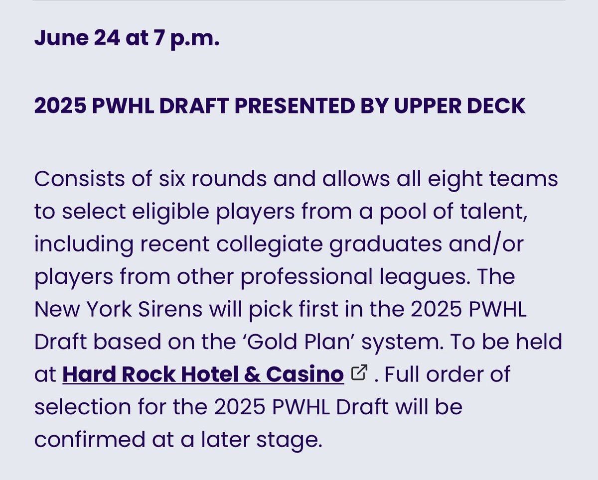 Key Dates for the PWHL

- Player protection lists due
June 3 - 9am PT

- Signing Window 
Opens June 4, 6am PT 
Closes June 8, 2pm PT

- EXPANSION DRAFT!
June 9, 5:30pm PT
🎉Join us at the Rough &amp; Tumble for a Watch Party!  

- DRAFT for NCAA and USports players
June 24 at 4pm PT