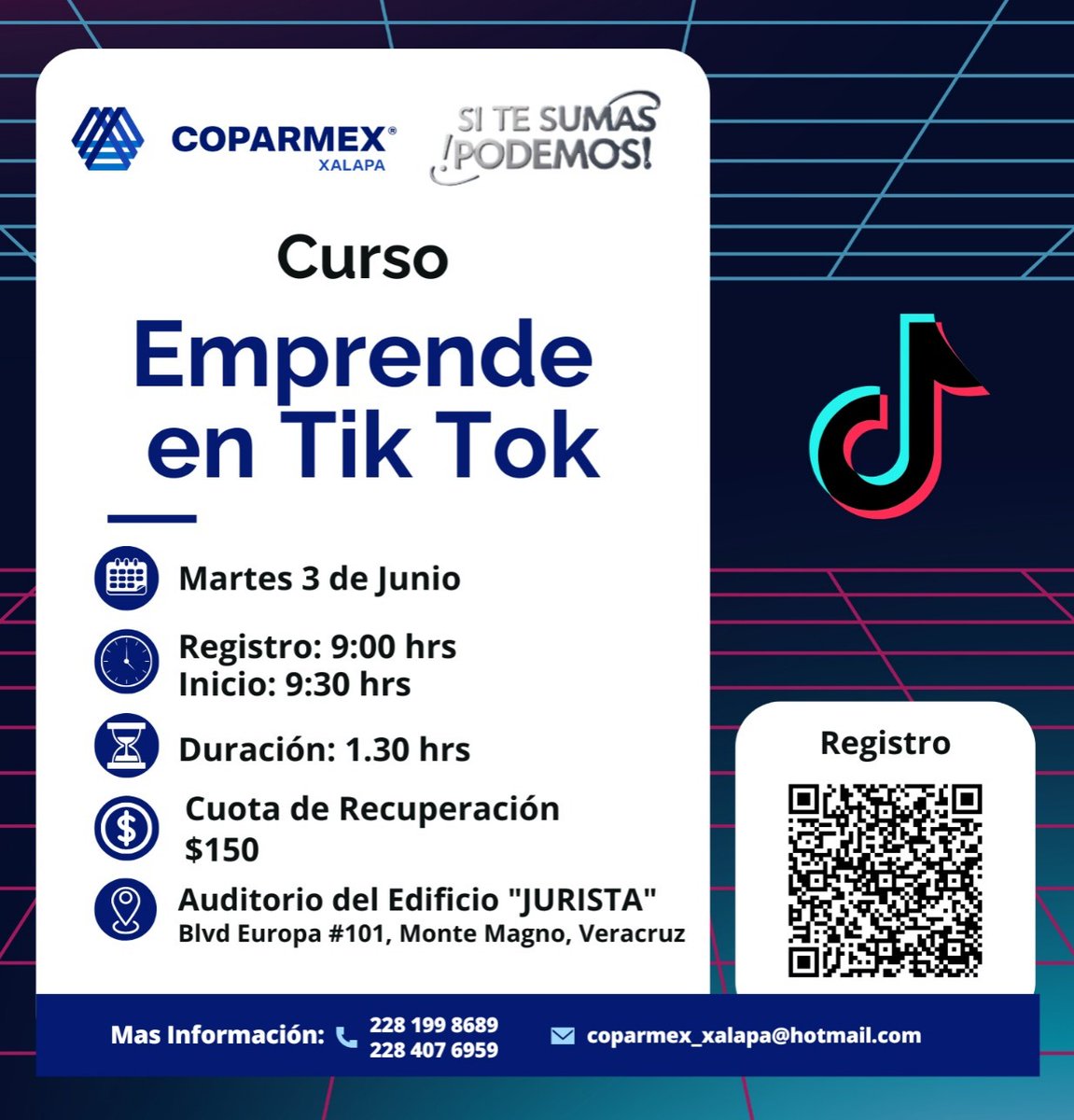 COPARMEX XALAPA (@coparmexal) on Twitter photo 🚀 ¿Quieres crecer tu negocio en TikTok?
Únete al curso Emprende en TikTok 🎥
📅 Mar 3 de junio | 9:00 a.m.
📍 Auditorio JURISTA, Veracruz
💰 $150 | ⏱ 1.3 hrs
🔗 Regístrate: forms.gle/SR3ZvJ4uFDUUgX… 🚀 ¿Quieres crecer tu negocio en TikTok?
Únete al curso Emprende en TikTok 🎥
📅 Mar 3 de junio | 9:00 a.m.
📍 Auditorio JURISTA, Veracruz
💰 $150 | ⏱ 1.3 hrs
🔗 Regístrate: forms.gle/SR3ZvJ4uFDUUgX…