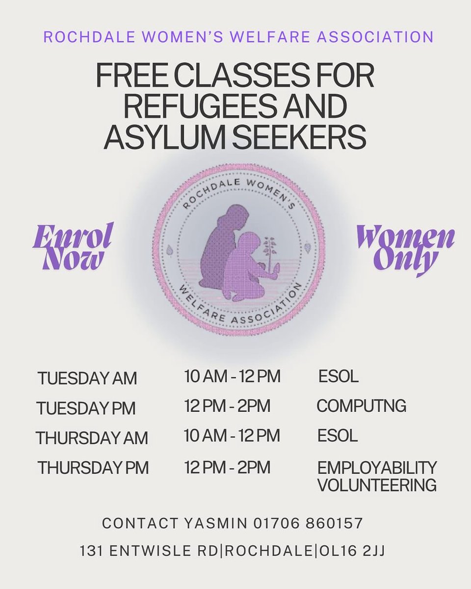 Free classes for refugee &amp; asylum-seeking women at Rochdale Women’s Welfare!
Learn ESOL, computing, employability &amp; more in a friendly space.

Call Yasmin on 01706 860167 (office hours).

#women #empowerment #skills #Rochdale